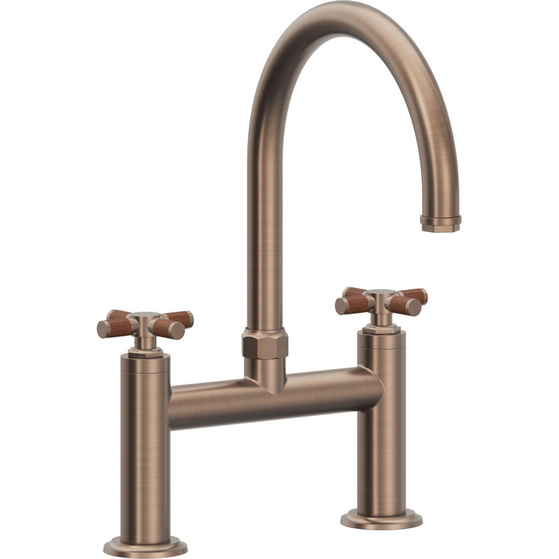 Bridge Kitchen Faucet - Arc Spout, Satin Bronze, Without Side Spray, Teak Cross Handle