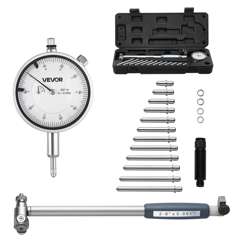 Indicateur de test de cadran et ensemble d'outils de mesure de calibre d'alésage, indicateur de précision de 0,001 pouce, plage d'alésage de 2 à 6 pouces avec tige, étui de rangement, enclumes pour les mesures d'usinage industriel