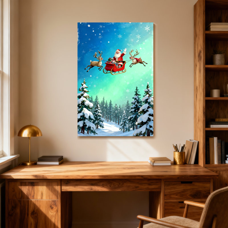Père Noël de Noël volant avec des rennes au-dessus d'une forêt enneigée, H 48 po x l 32 po