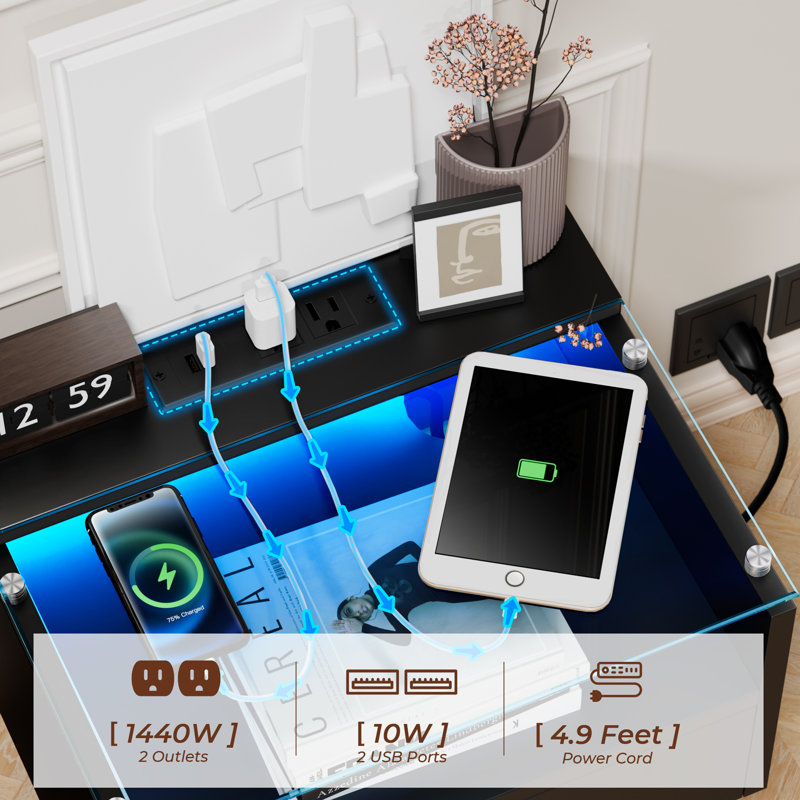 Carlette Floating Nightstands with Charging Station Floating Nightstand Set with Glass, Black, Set of 2