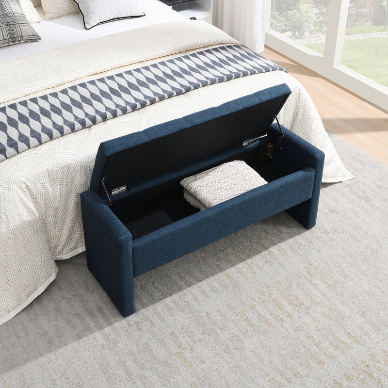 Banc de rangement moderne avec rangement, grand tabouret de repose-pieds rembourré, banc de meuble-lavabo pour fenêtre confortable pour salon, chambre à coucher, dortoir, table basse, lin bleu marine