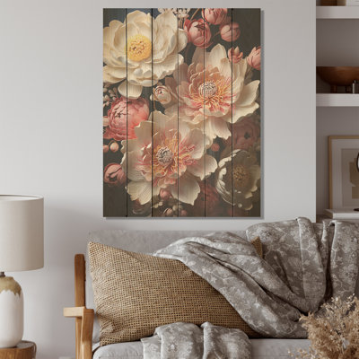 Pivoines ornées d'accents dorés - Pivoines, art sur bois de pin naturel