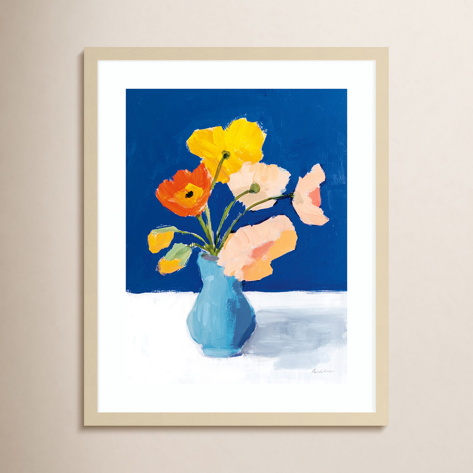 "Poppies on Blue" Painting by Pamela M., Brown, 25.12" H x 20.12" W x 0.88" D