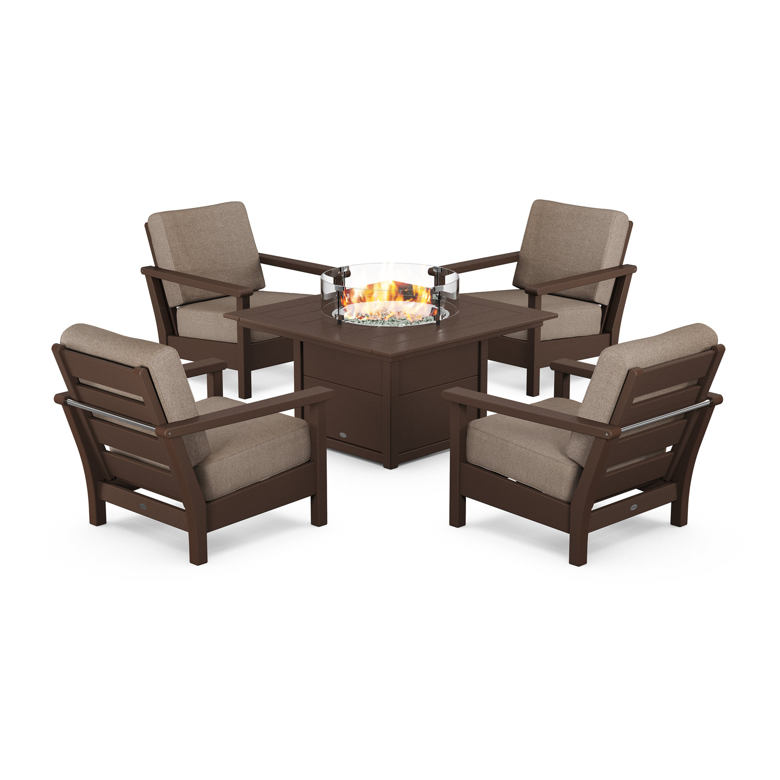 Harbour 5-Piece Conversation Set with Fire Pit Table, Mahogany Frame/Spiced Burlap Cushion