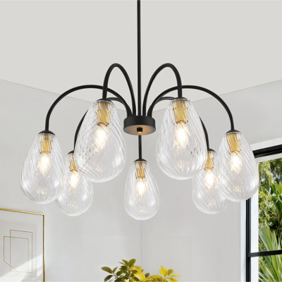 7 - Light Black And Gold Mid-Century Chandelier With Twist-Textured Glass Shades For Home & Entryway