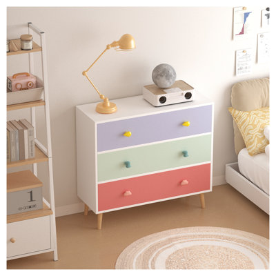 Kids 3-Drawer Dresser and Baby Nightstand, Colourful Solid Wood and MDF Bedroom Storage Chest, TSCA Title VI Compliant