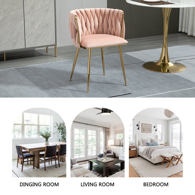 Set of 4 Pink Woven Velvet Dining Chairs with Gold Tone Metal Legs, Pink, 4