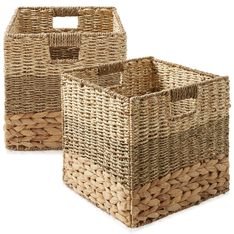 10.5" Mixed Weave Hyacinth Seagrass Storage Basket Cubes, Natural - Set of 2, 29.92 Quart