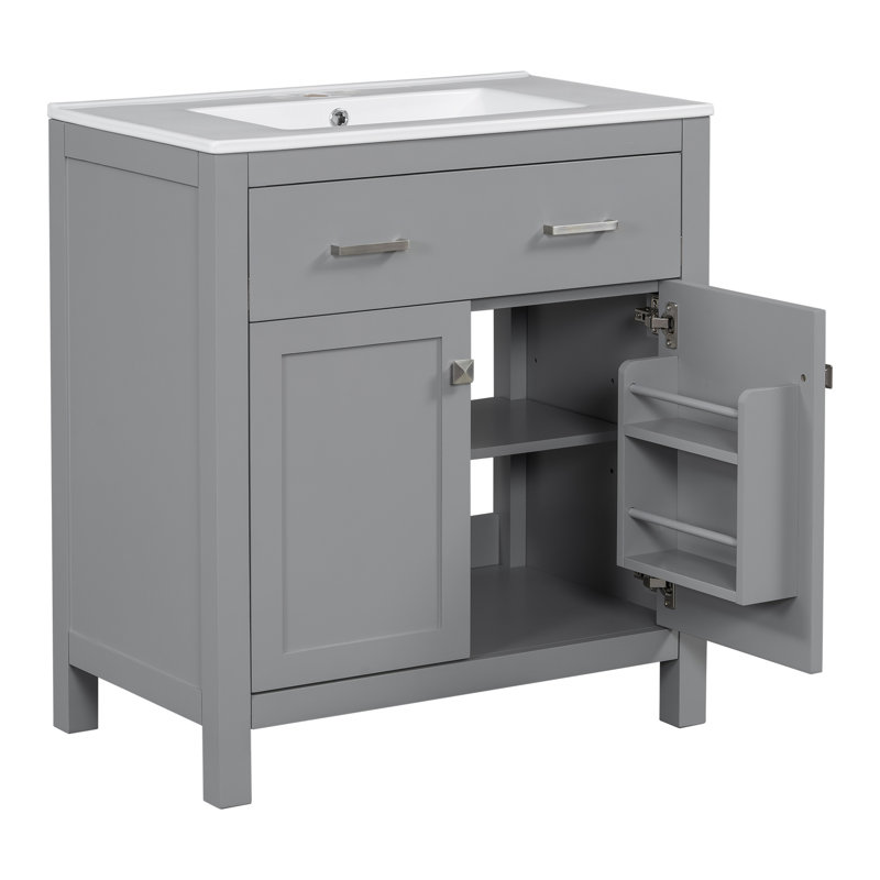 Armoire de salle de bain à double vasque en gris moderne, avec tablette réglable et charnières à fermeture en douceur - Luxueux lavabos en céramique à hauteur réglable