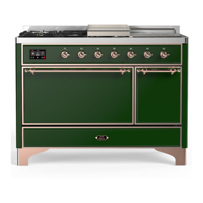 Cuisinière à double combustible de 48 pouces avec 5 brûleurs scellés de la série Majestic III de la série Emerald Green (gaz naturel, garniture en cuivre)