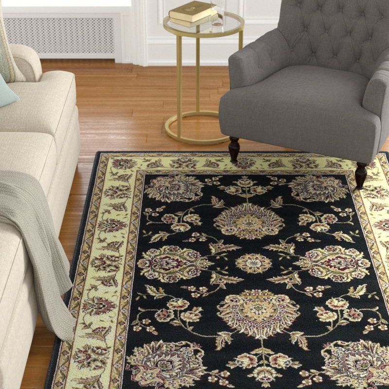 Tapis noir/ivoire floral mahal area Bellville, Rectangle 5 pi 3 po x 7 pi 7 po
