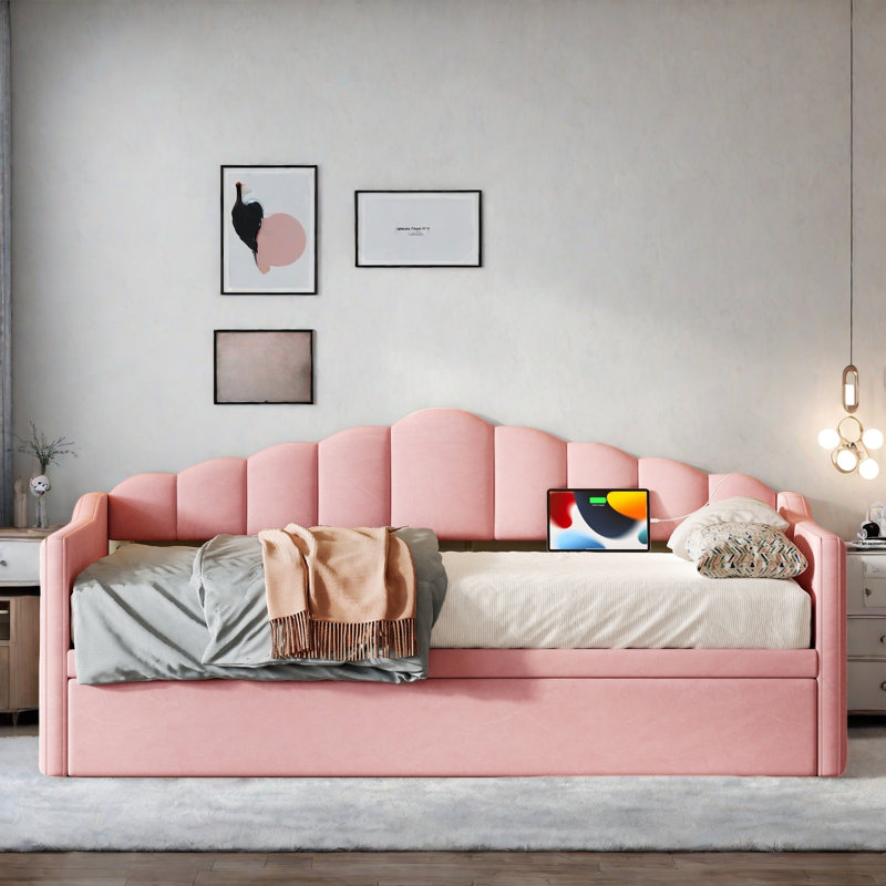 Upholstered Daybed With Pop Up Trundle, Charging Ports, 2 Side Pockets And Curved Backrest Design, Pink
