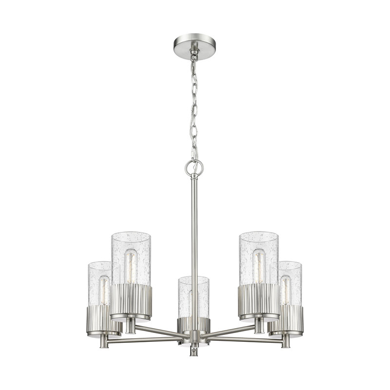 5 - Light Dimmable Cylinder Chandelier, Seedy, Satin Nickel