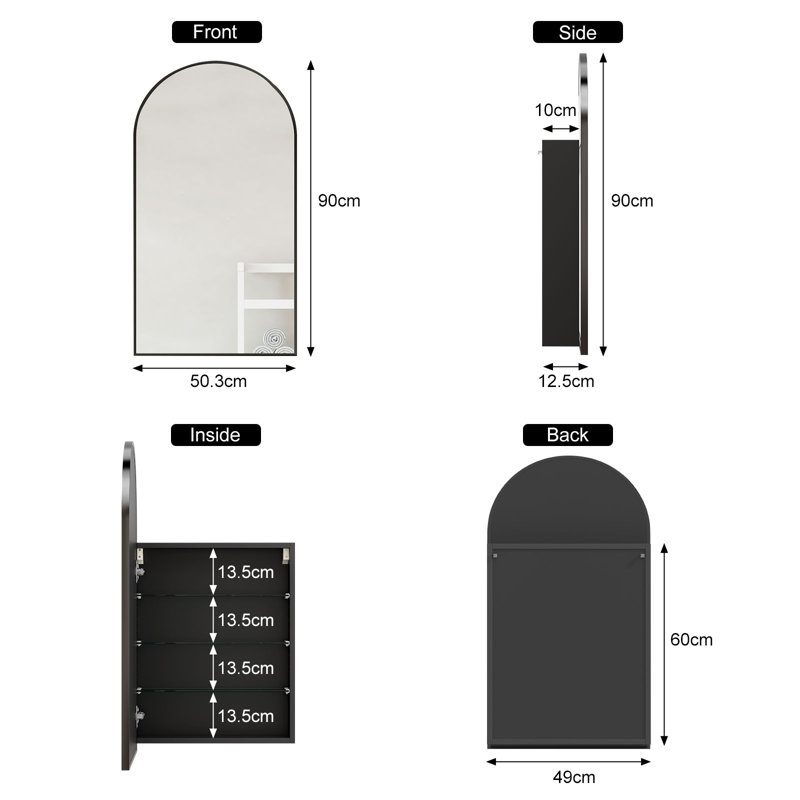 Raygen W H Wall Mounted Required Frameless Medicine Cabinet Mirror 3 Fixed, Matte Black, 90cm H x 50.3cm W x 12.5cm D