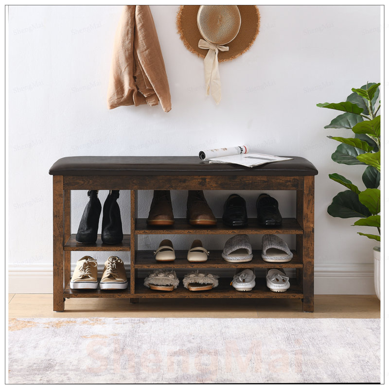 Banc à langer rétro à hauteur réglable avec rangement dissimulé et sièges confortables, parfait pour les vestibules, Brown