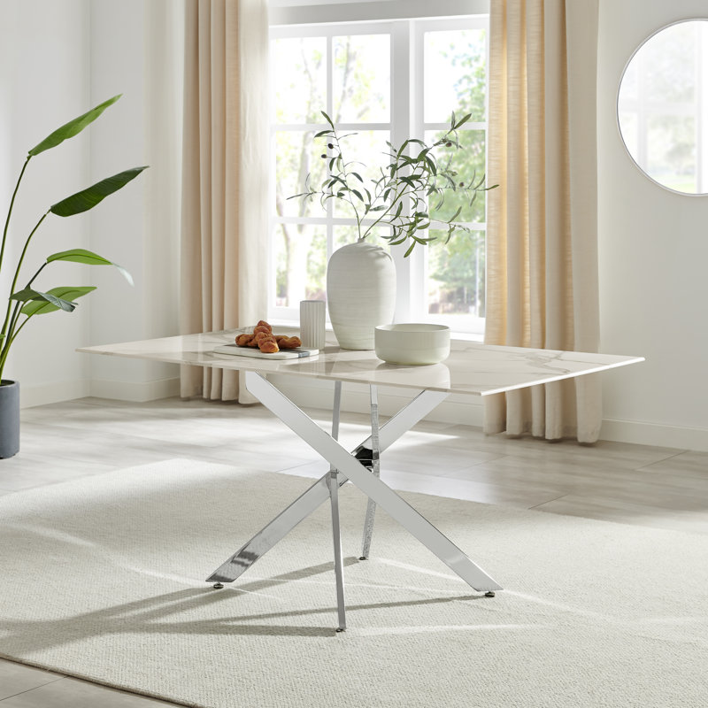 Chanden Luxury Marble Effect Glass 6 Seater Dining Table - Modern Statement Design, White, Silver