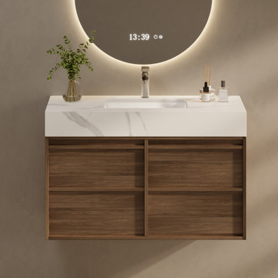 Meuble-lavabo flottant moderne de 36 po, plateau de table en pierre frittée avec armoires en bois massif, pré-assemblé