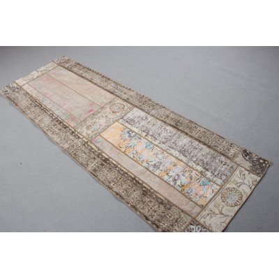 Tapis turc antique Oushak brun rustique avec patchwork rétro pour la cuisine et le coureur