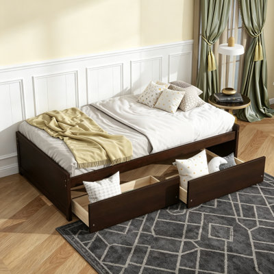Solid Wood Platform Bed Frame with 2 Storage Drawers, Low Profile Bed No Headboard for Small Bedroom Living room and Dorm Rooms to Save Space,No Box Spring Needed, Espresso, Twin Size