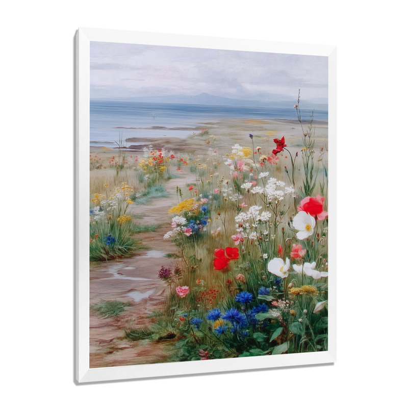 «Red Blue English Countryside Bloom of Wildflowers», reproduction d'art sur toile florale rouge, H 40 po x l 30 po, Blanc