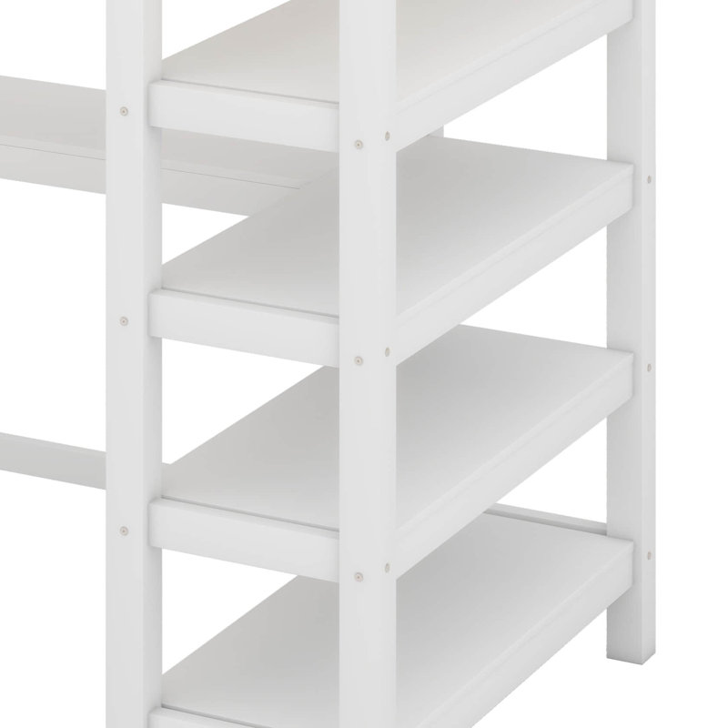 Loft Bed With And Under-Bed Desk, Multifunctional Solid Wood Bed Frame With Storage Shelves, Twin