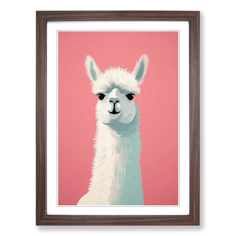 Llama Minimalism - Single Picture Frame Print on Wood, 64cm H x 46cm W x 2cm D, Walnut Framed