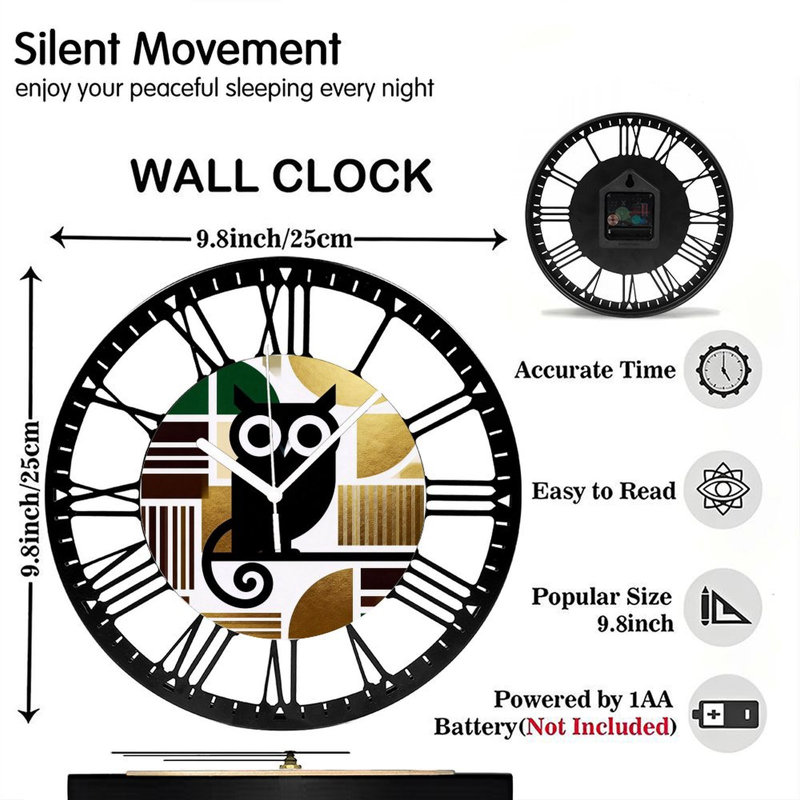 Horloge murale ronde en fer 10 po avec mouvement à quartz silencieux, chiffres romains, impression UV, Doré
