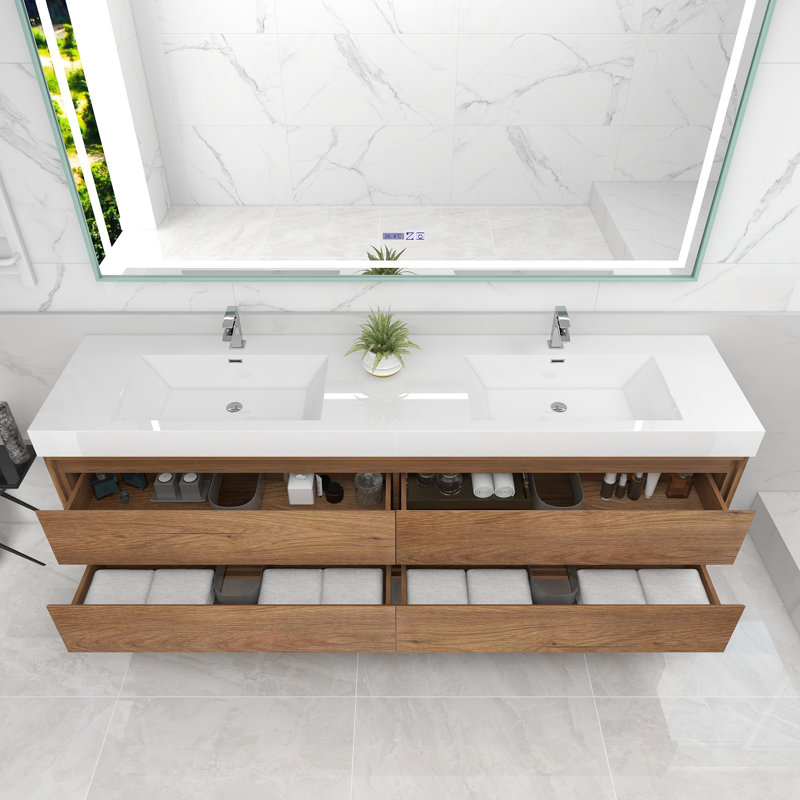 84'' Double Bathroom Vanity with Acrylic Top, Teak Oak