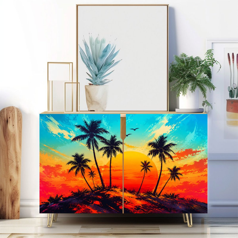 Buffet étroit de 35,4 po de largeur - armoire de rangement d'appoint à 2 portes avec impression de paysage tropical et de pieds en métal