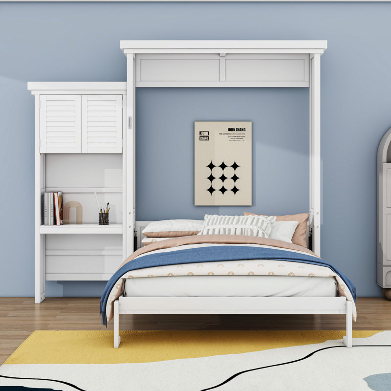 Queen Size Murphy Bed with Louvred Style and Multiple Storage Shelves, White