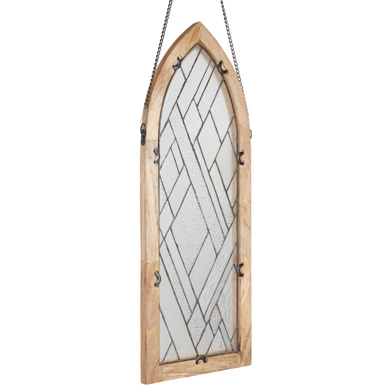 36"H Cathedral Geometric Clear Glass Window Panel In Mango Wood Frame