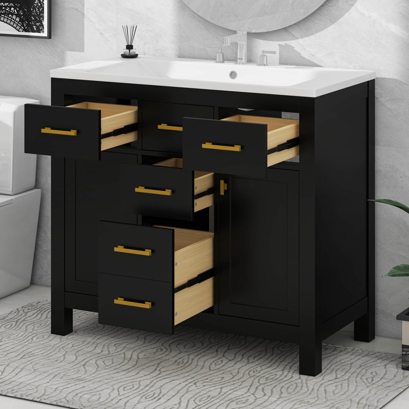 Ensemble de meuble-lavabo avec lavabo en céramique, armoire de rangement au sol avec 4 tiroirs et 2 armoires, Noir
