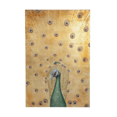 30.7X46.5X1.4" Hand-Painted Peacock Wall Art With Textured Gold Background