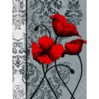 Motif floral gris, rouge et blanc sur toile tendue