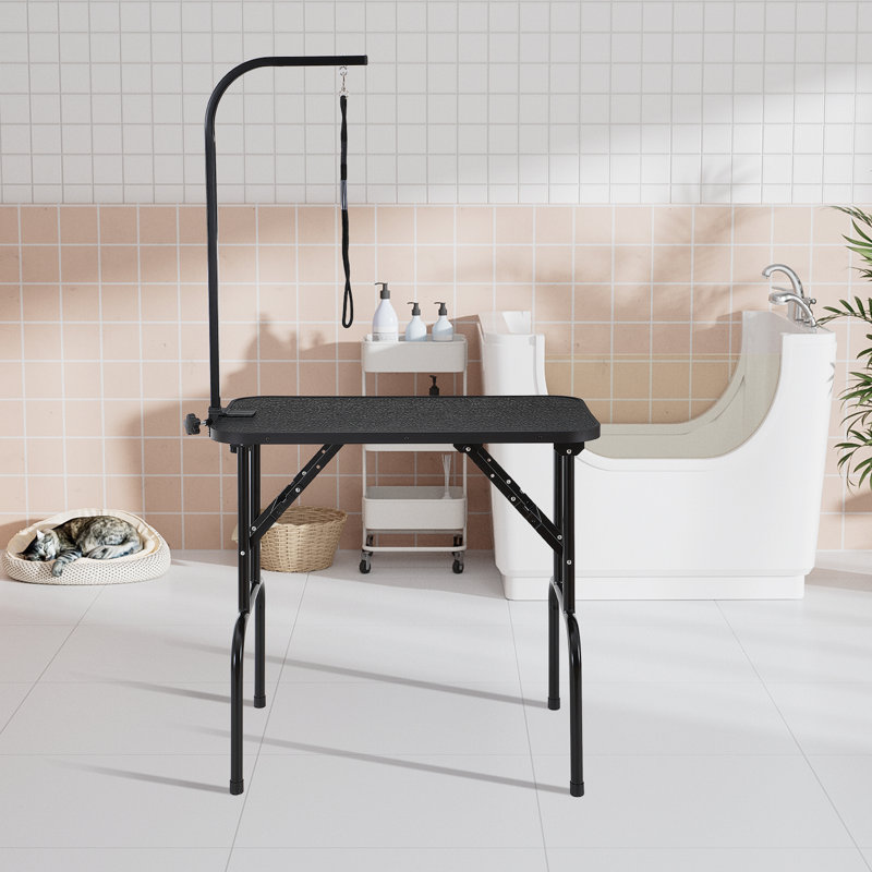 Black Metal Foldable Pet Grooming Table with Adjustable Arm