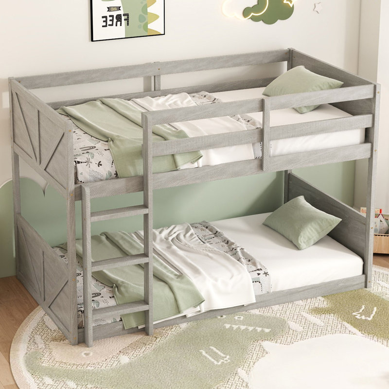 Twin Over Twin Solid Wood Floor Bunk Bed with Panelled Headboard and Footboard, Antique White