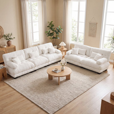 2 Piece Chenille Living Room Set with Loveseat and 3-Seat Sofa Oversized Modular Couch, Ivory Cream