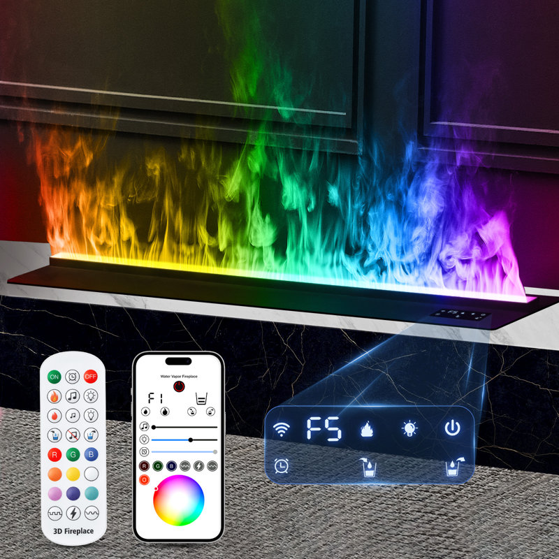 APP RGB Electric Fireplace 3D Water Vapor Fireplace Recessed Multicolour Realistic Atomized Flame,with Water and Remote Control Electric Steam Fireplace Stove(Size: W7.87x H8.27 in)