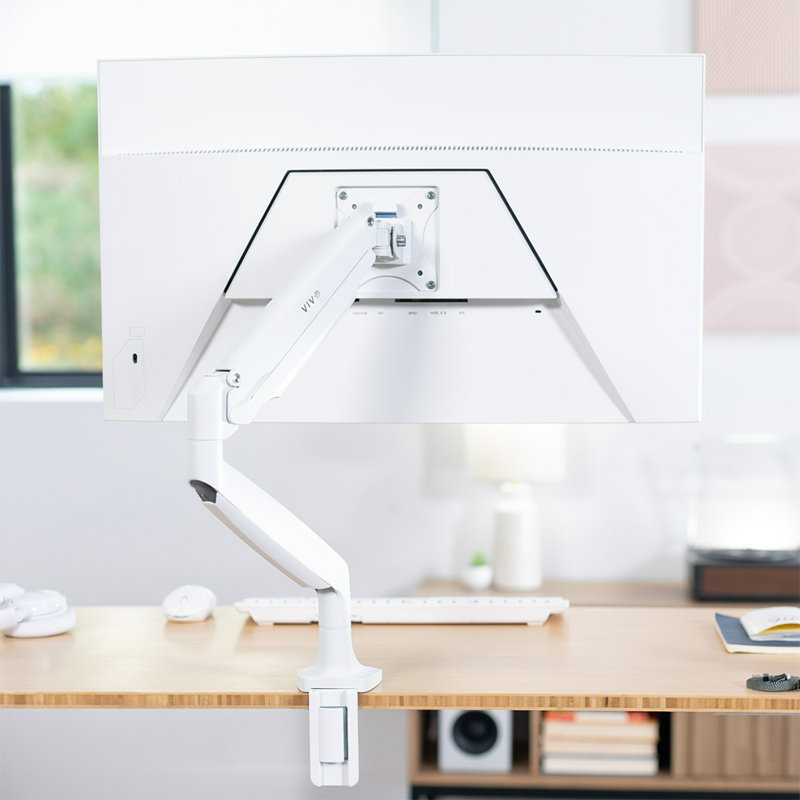 Support de bureau à accoudoir pneumatique en aluminium blanc VIVO, écrans jusqu'à 32 po