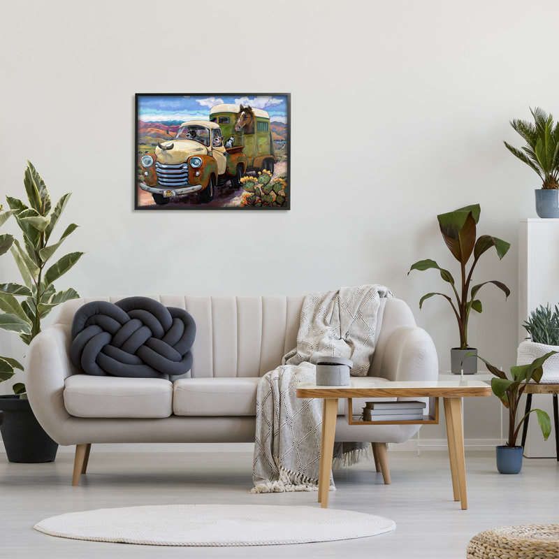 Chiens conduisant un camion rustique rétro avec chariot à cheval, H 24 po x l 30 po x P 1,5 po, Giclée encadrée noir minuit