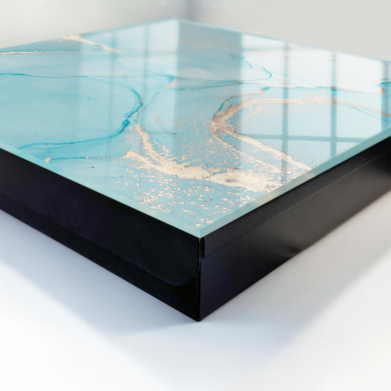 Key cabinet for home, Opens to the left, 30x30x5, Black, Blue waves and subtle golden lines, 