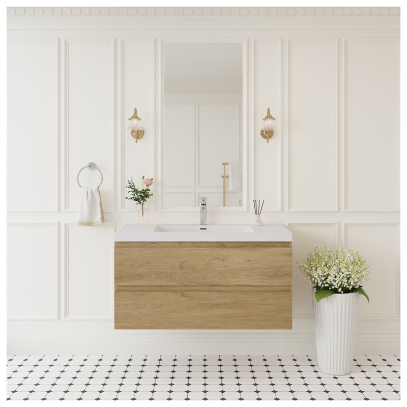 Meuble-lavabo mural 42 po avec plateau à surface solide et finition en chêne naturel avec tiroirs à fermeture en douceur 42 po