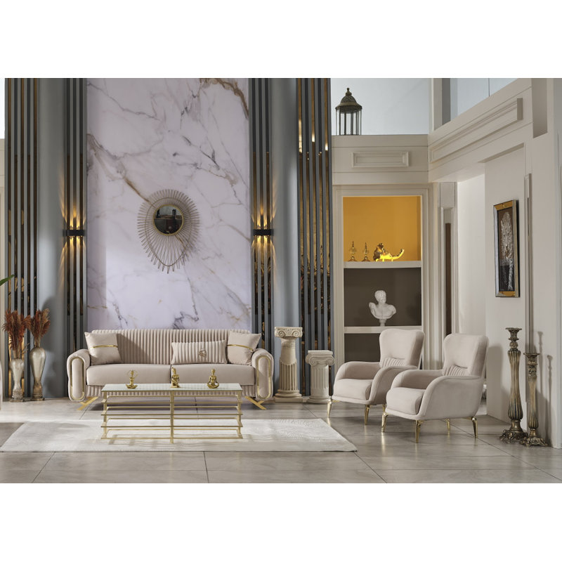 Ensemble de salon en velours 3 pièces Marteze, Beige, Or
