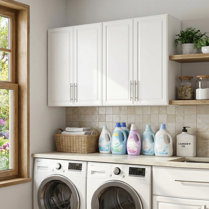 59" Big Laundry Room Cabinet Wall Mounted, for Kitchen, Adjustable Shelves, White