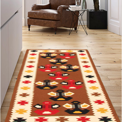 Tapis décoratif en laine de conception unique 3 pi 8 po x 6 pi Chafã noué à la main 1980s brun/rouge/beige