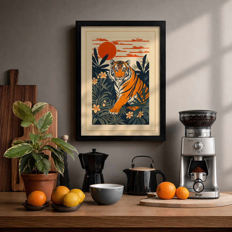Tiger in Jungle Japandi - Framed Print, A4 - 29.7 x 21.0 cm, Black