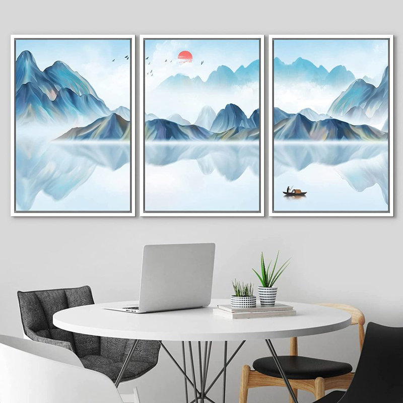 Chinoiserie " Mountain Reflection " 3 - Pieces Painting Print, 24" H x 48" W, White Framed