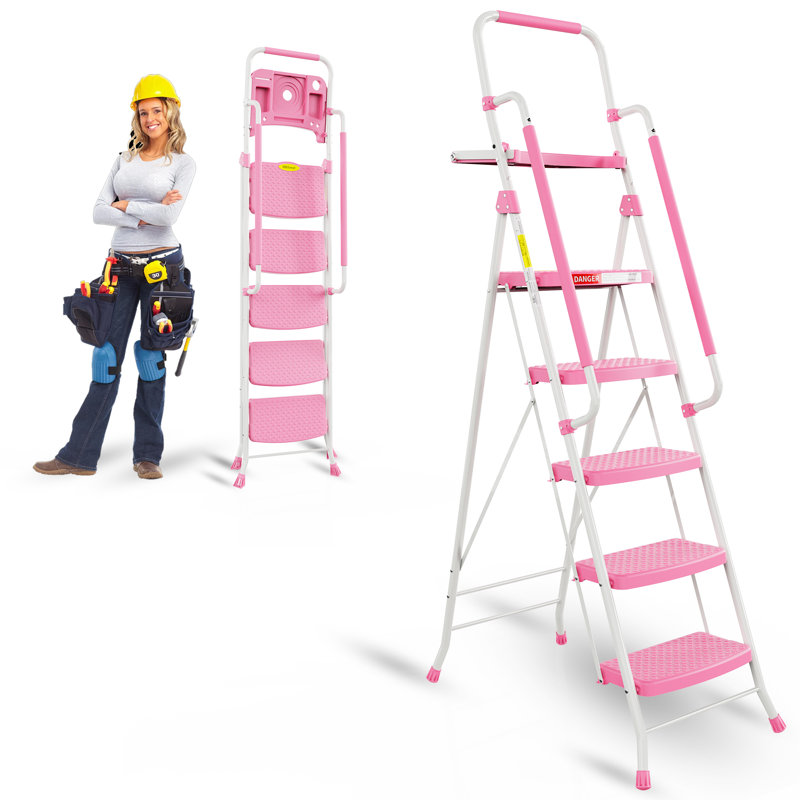 Folding 5-Step Ladder with Handrails and Tool Tray, Anti-Slip Wide Pedal,330Lbs Load Heavy Duty, Portable Steel Step Stool for Kitchen