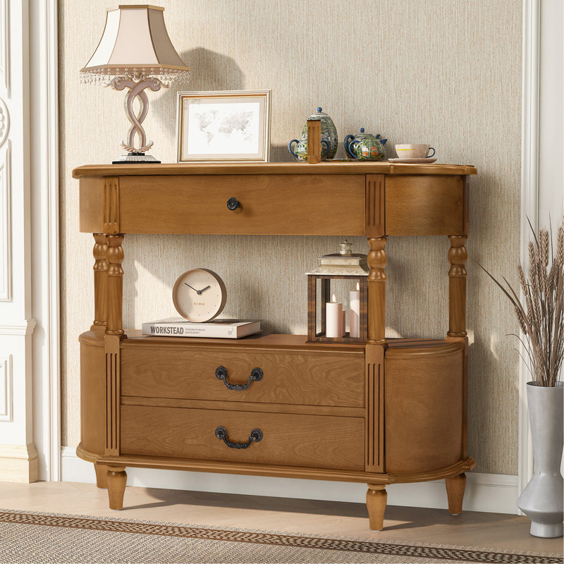 Console rétro en bois courbé avec 3 tiroirs, table d'entrée avec tablette de rangement, canapé derrière le canapé avec pieds en bois massif pour le couloir du salon