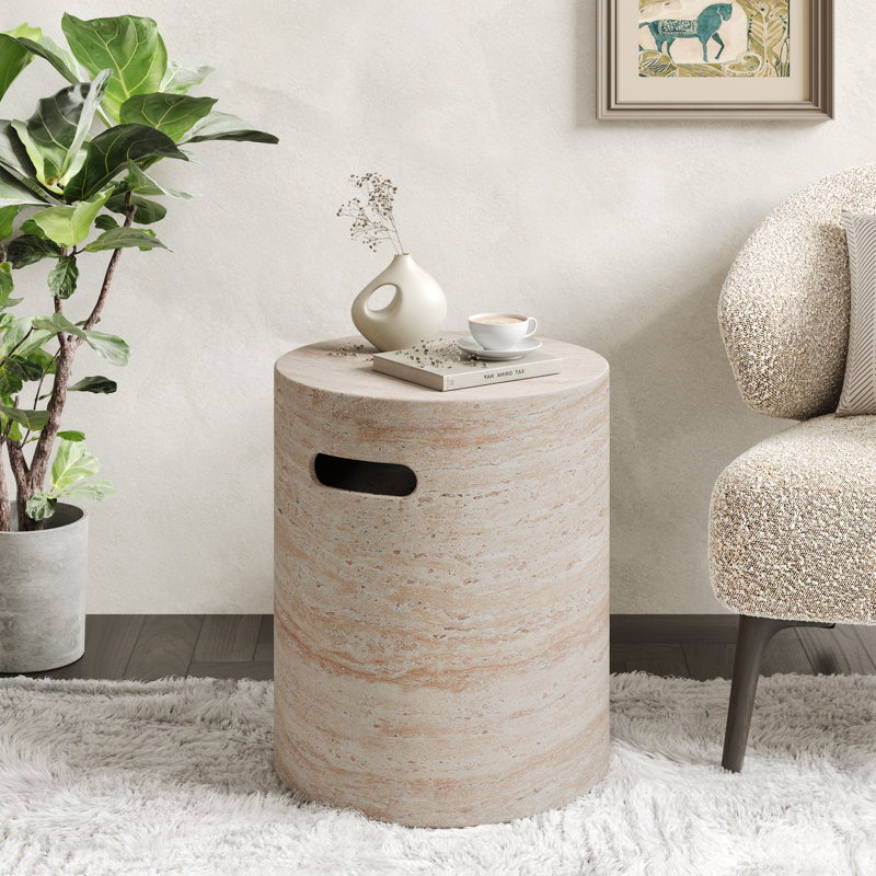 Jacqueline Stone/Concrete Side Table, Travertine, 18.5" H x 15.5" W x 15.5" D